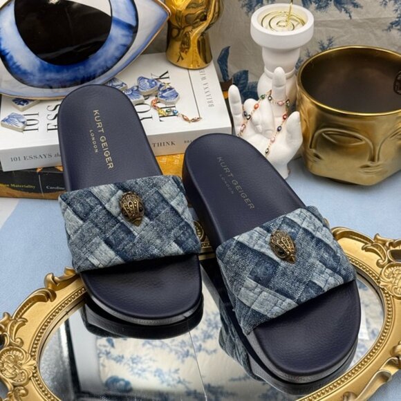🆕 KURT GEIGER LONDON 🧿 NWOT Blue Denim Meena Eagle Slides, Sz EU 36.5 US 6.5 - Picture 3 of 14